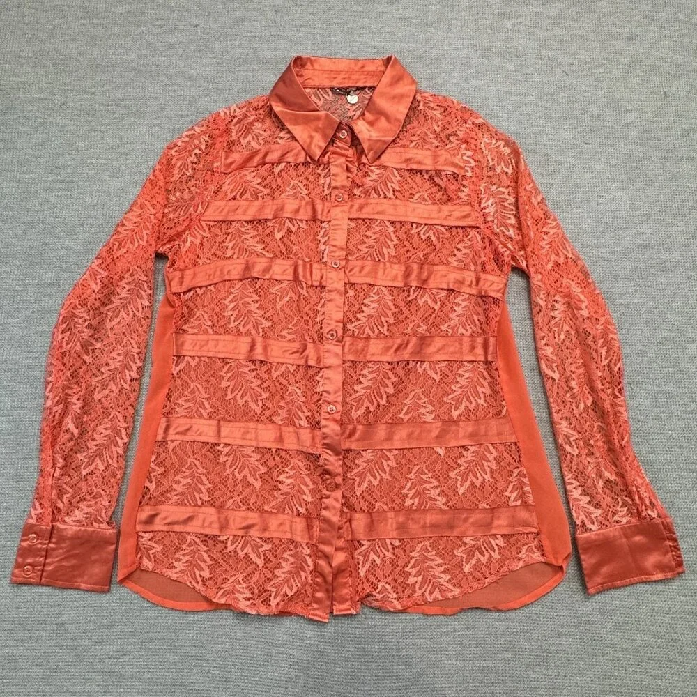 BKE Boutique Sheer Blouse Womens Sz Medium Stripe Lace Long Sleeve Coral Orange - Picture 3 of 15